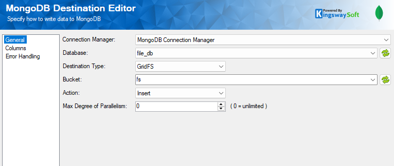 MongoDB Destination - General page